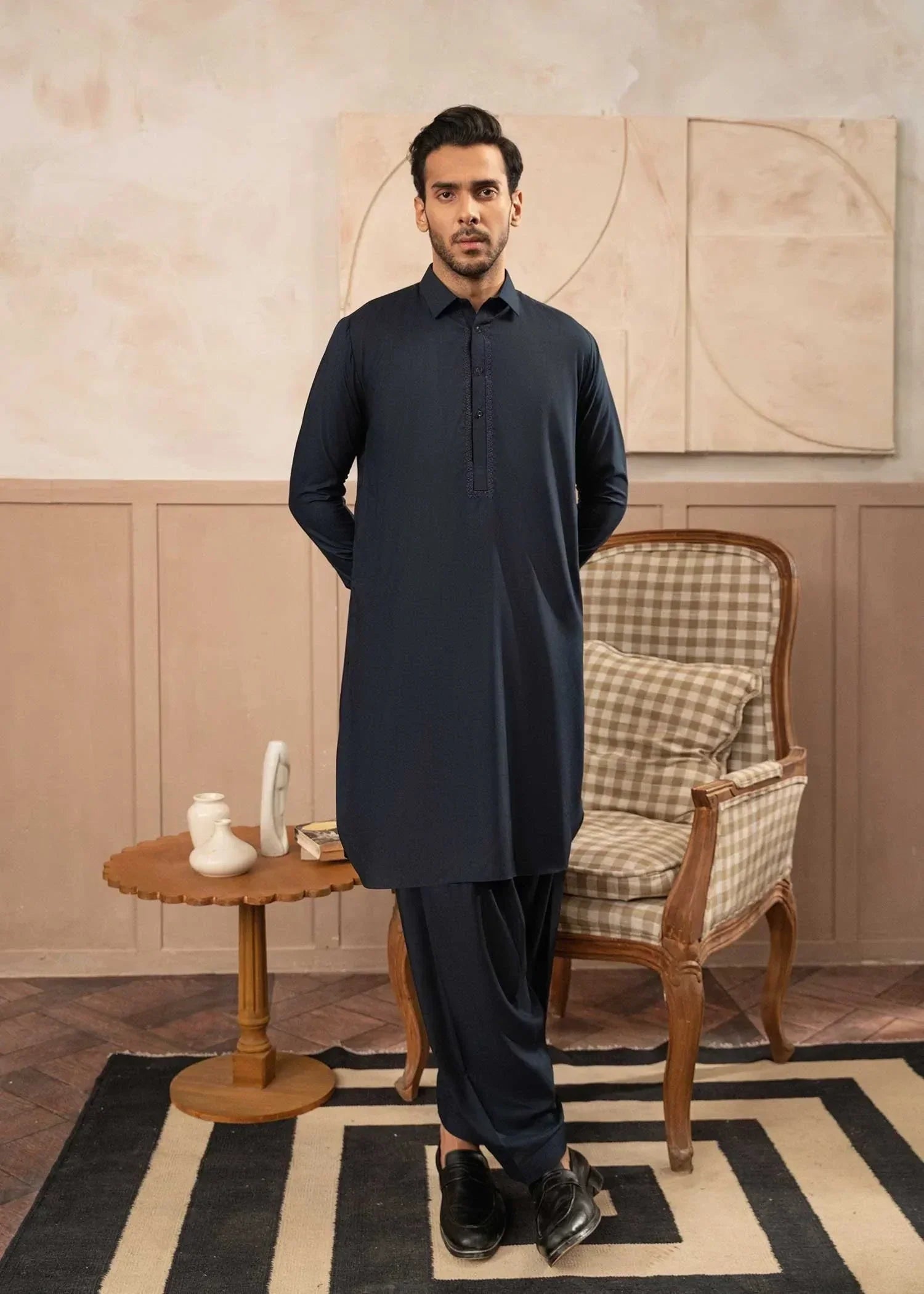 Picture of Wash & Wear | Navy Collared Shalwar Kameez - Available at Raja Sahib