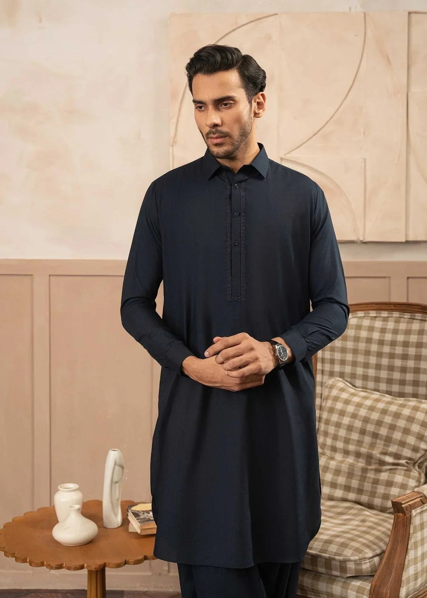 Picture of Wash & Wear | Navy Collared Shalwar Kameez - Available at Raja Sahib