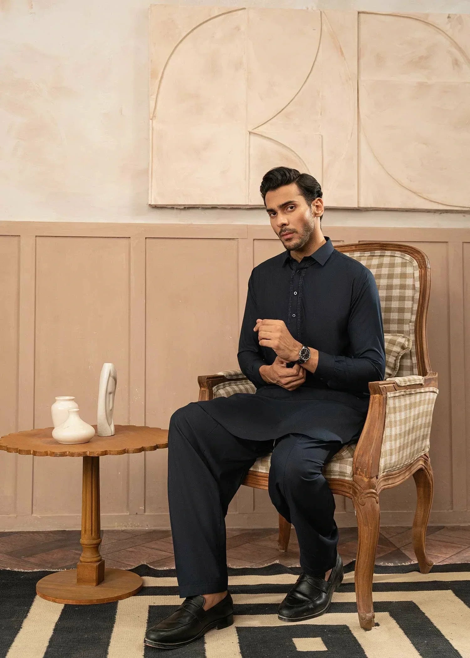 Picture of Wash & Wear | Navy Collared Shalwar Kameez - Available at Raja Sahib