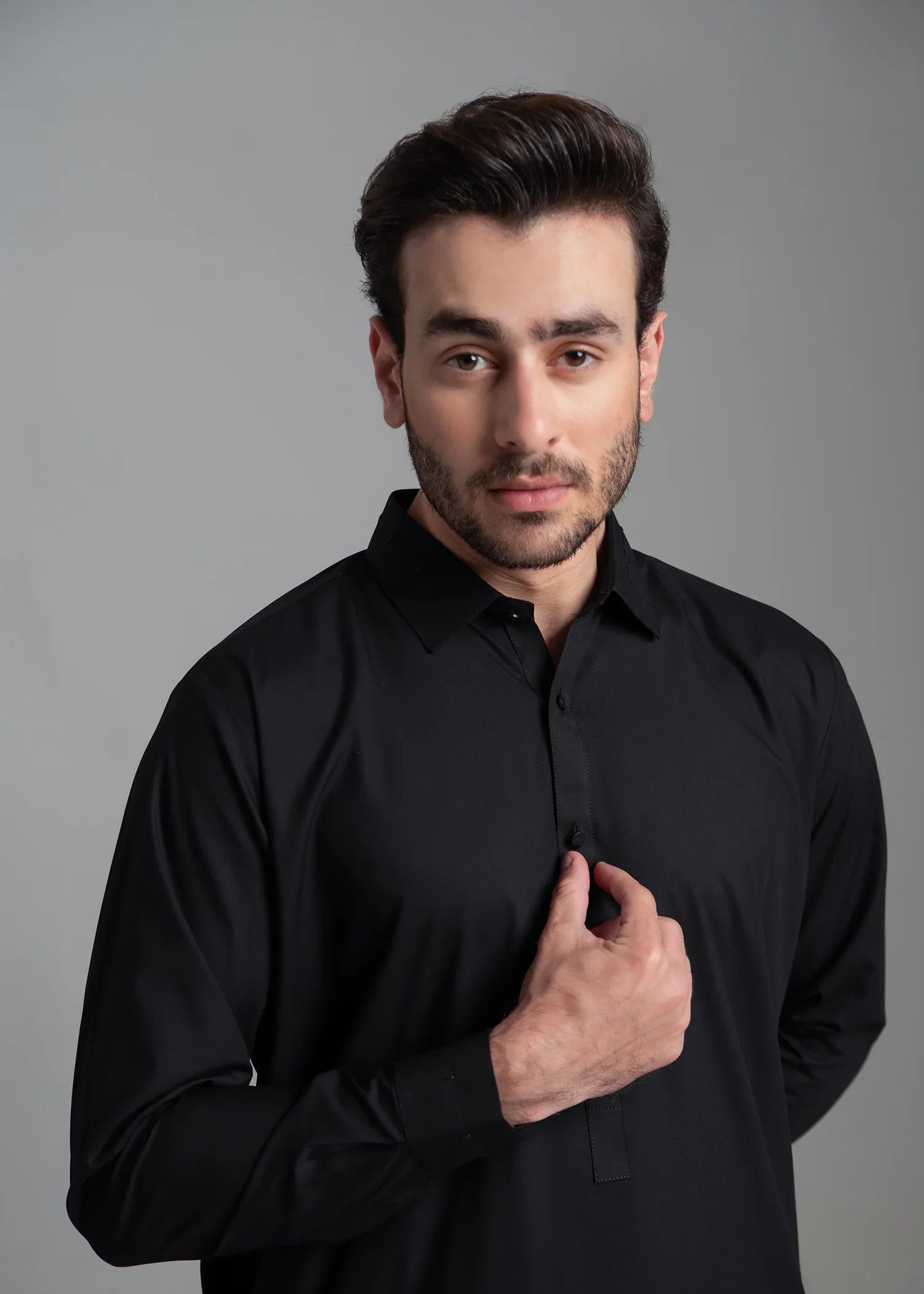 Picture of Wash & Wear | Black Collared Shalwar Kameez - Available at Raja Sahib