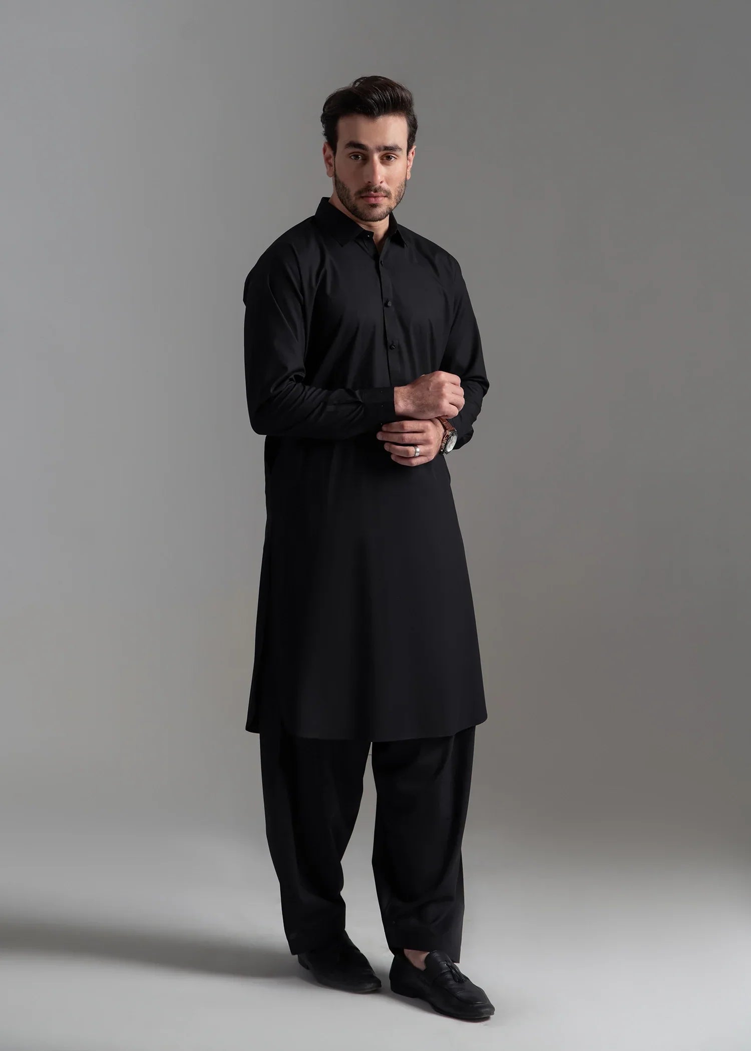 Picture of Wash & Wear | Black Collared Shalwar Kameez - Available at Raja Sahib