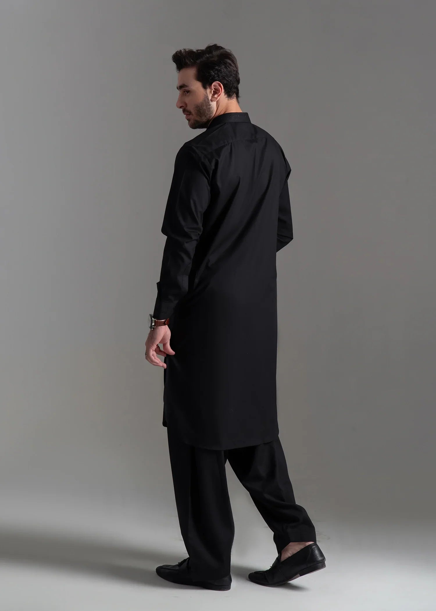 Picture of Wash & Wear | Black Collared Shalwar Kameez - Available at Raja Sahib