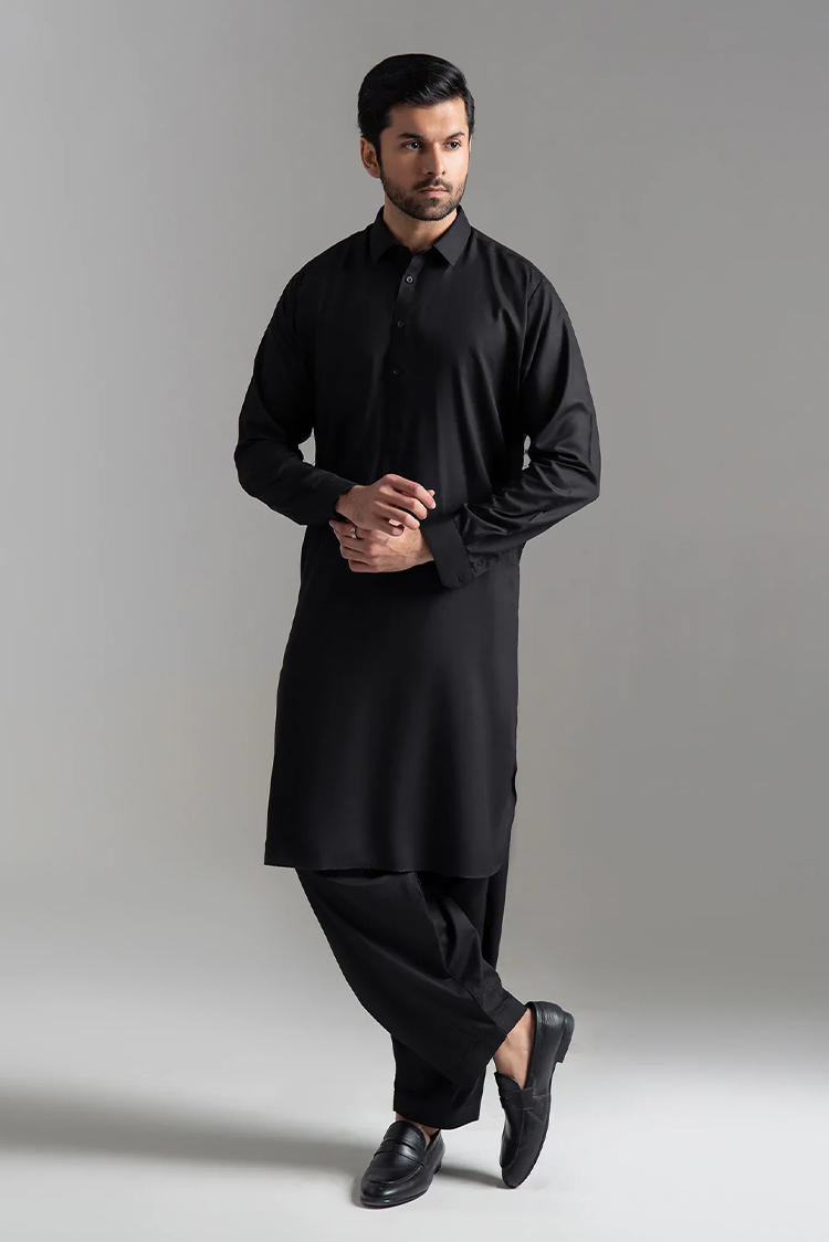 Picture of Wash & Wear | Black Collared Shalwar Kameez - Available at Raja Sahib