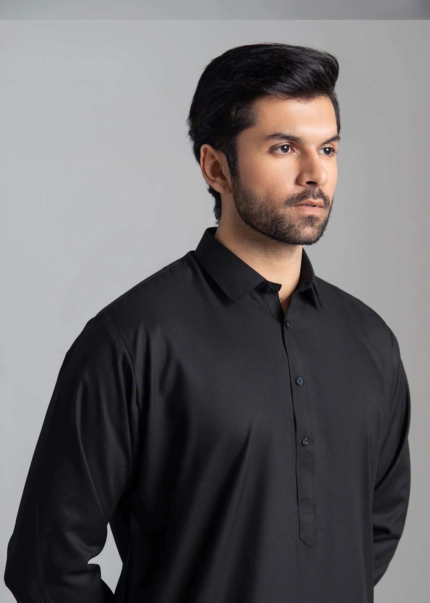 Picture of Wash & Wear | Black Collared Shalwar Kameez - Available at Raja Sahib