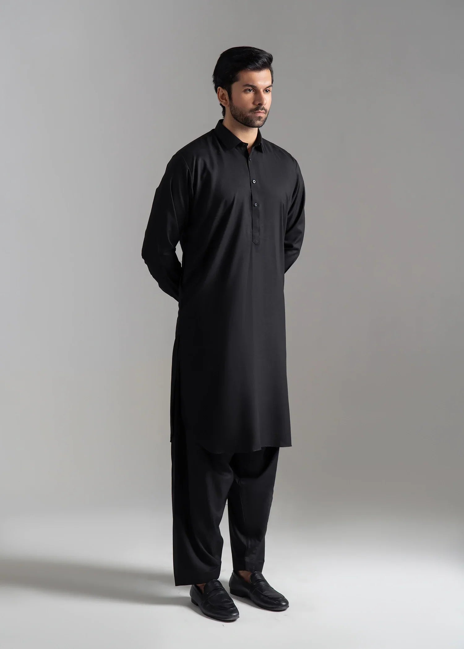 Picture of Wash & Wear | Black Collared Shalwar Kameez - Available at Raja Sahib