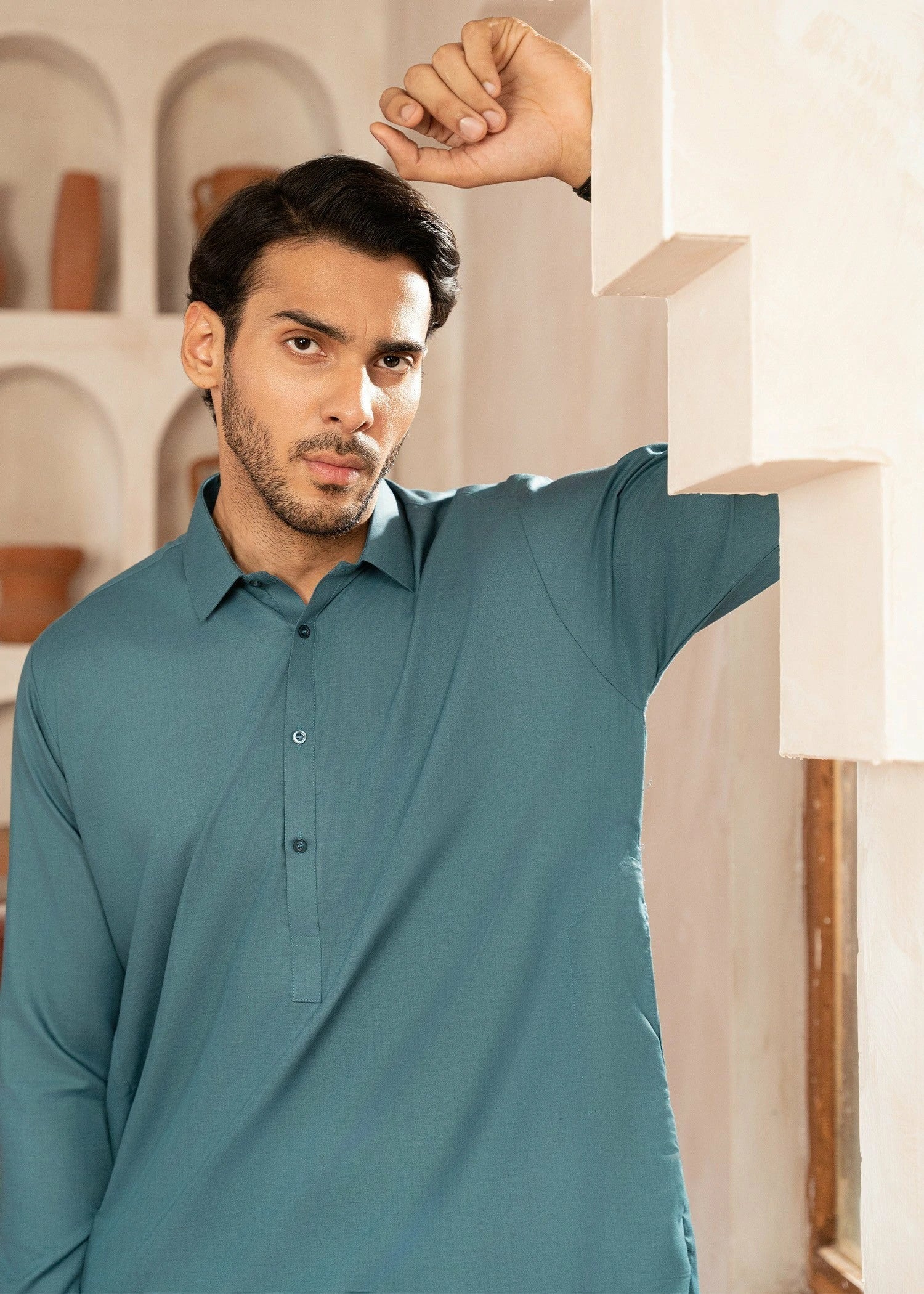 Picture of Wash & Wear | Aqua Green Collared Shalwar Kameez - Available at Raja Sahib