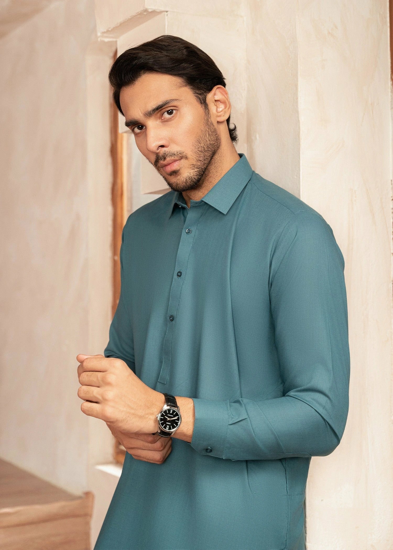 Picture of Wash & Wear | Aqua Green Collared Shalwar Kameez - Available at Raja Sahib