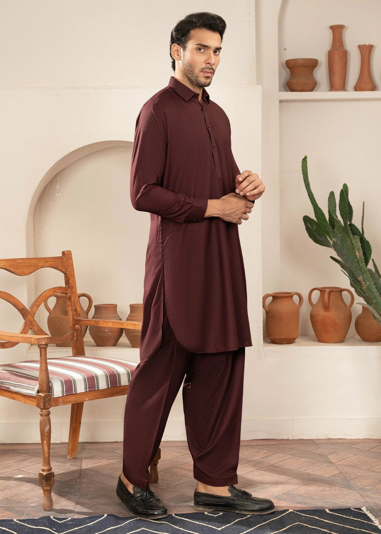 Picture of Wash & Wear | Maroon Collared Shalwar Kameez - Available at Raja Sahib