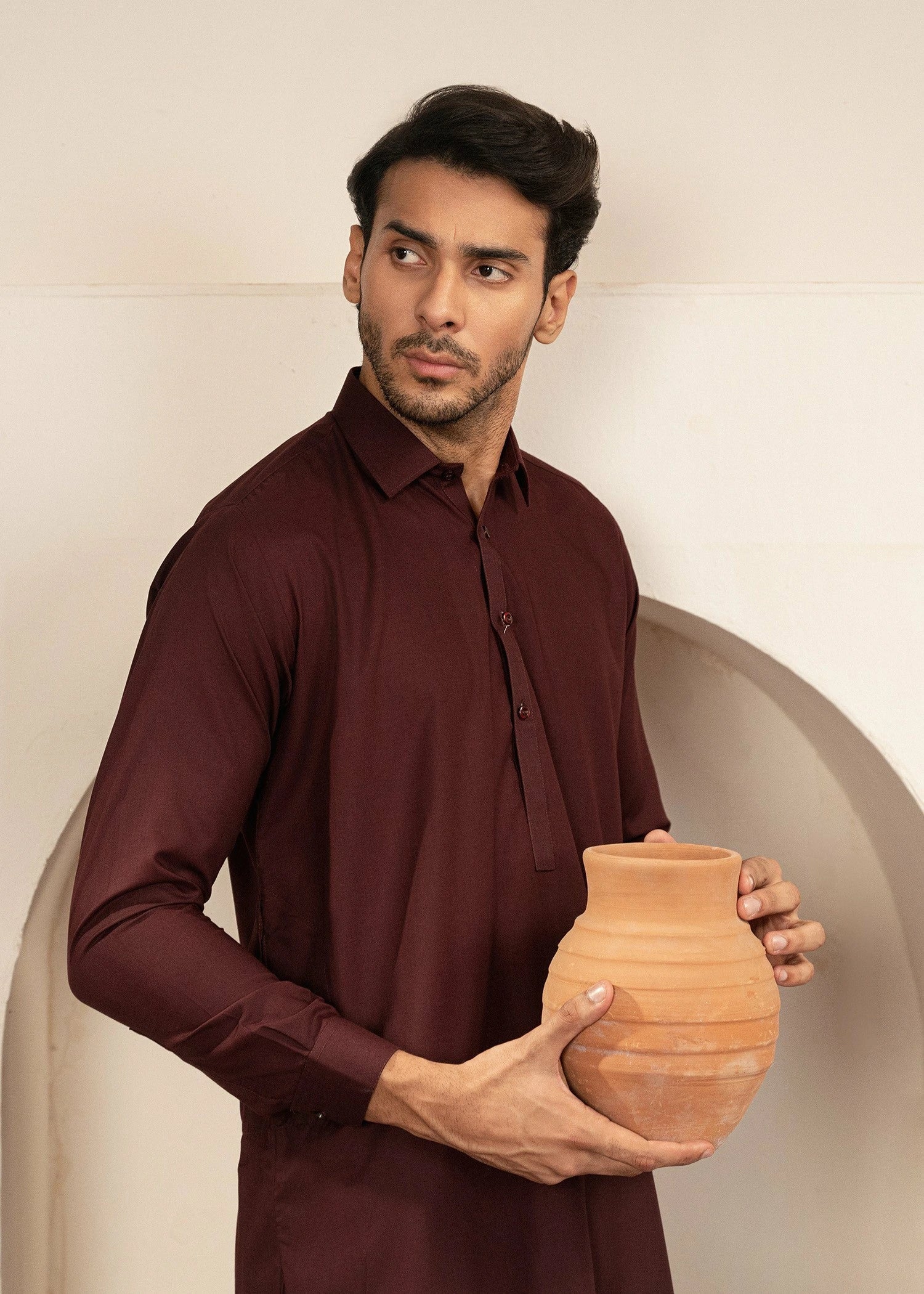 Picture of Wash & Wear | Maroon Collared Shalwar Kameez - Available at Raja Sahib