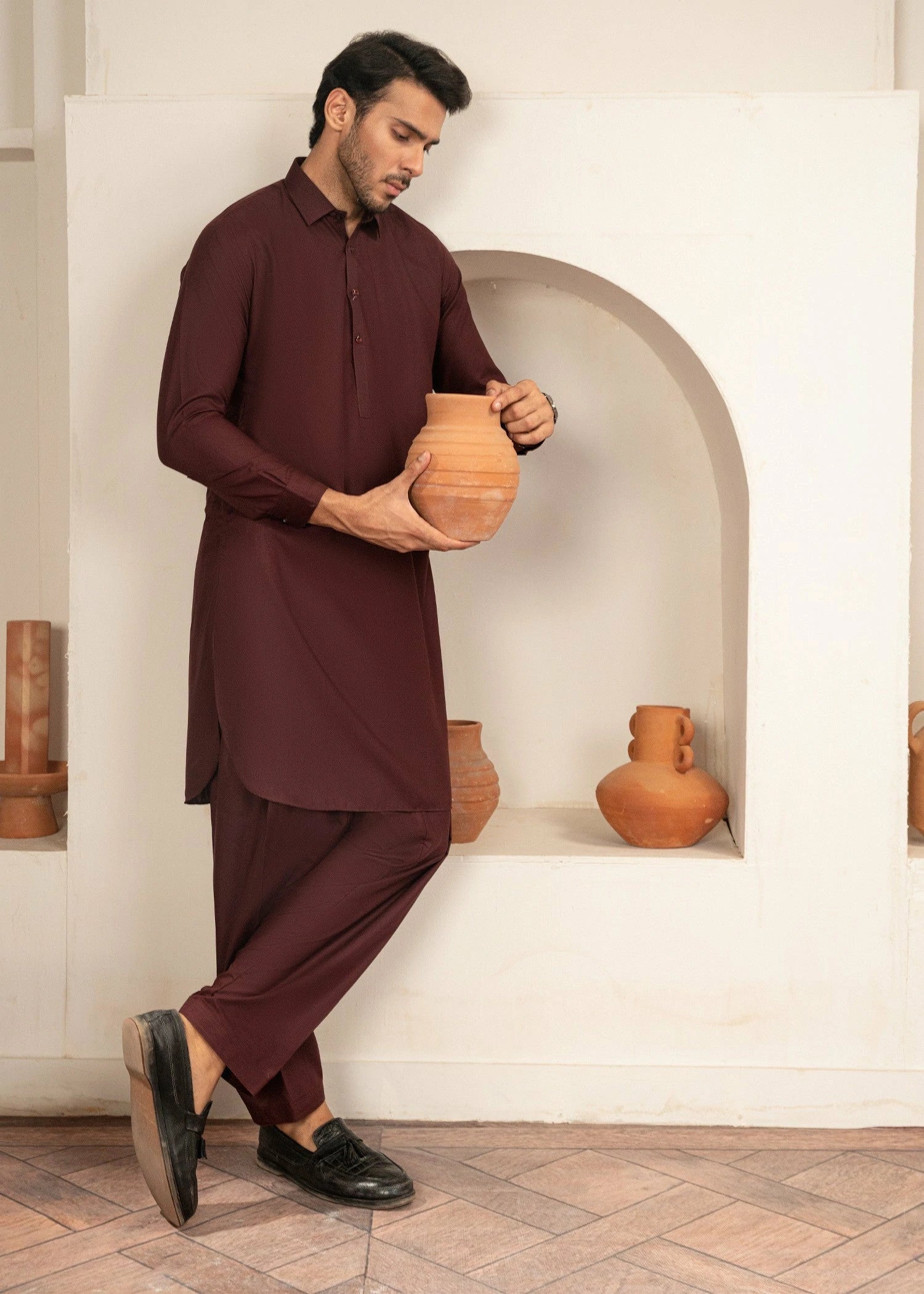 Picture of Wash & Wear | Maroon Collared Shalwar Kameez - Available at Raja Sahib