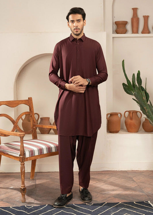 Picture of Wash & Wear | Maroon Collared Shalwar Kameez - Available at Raja Sahib