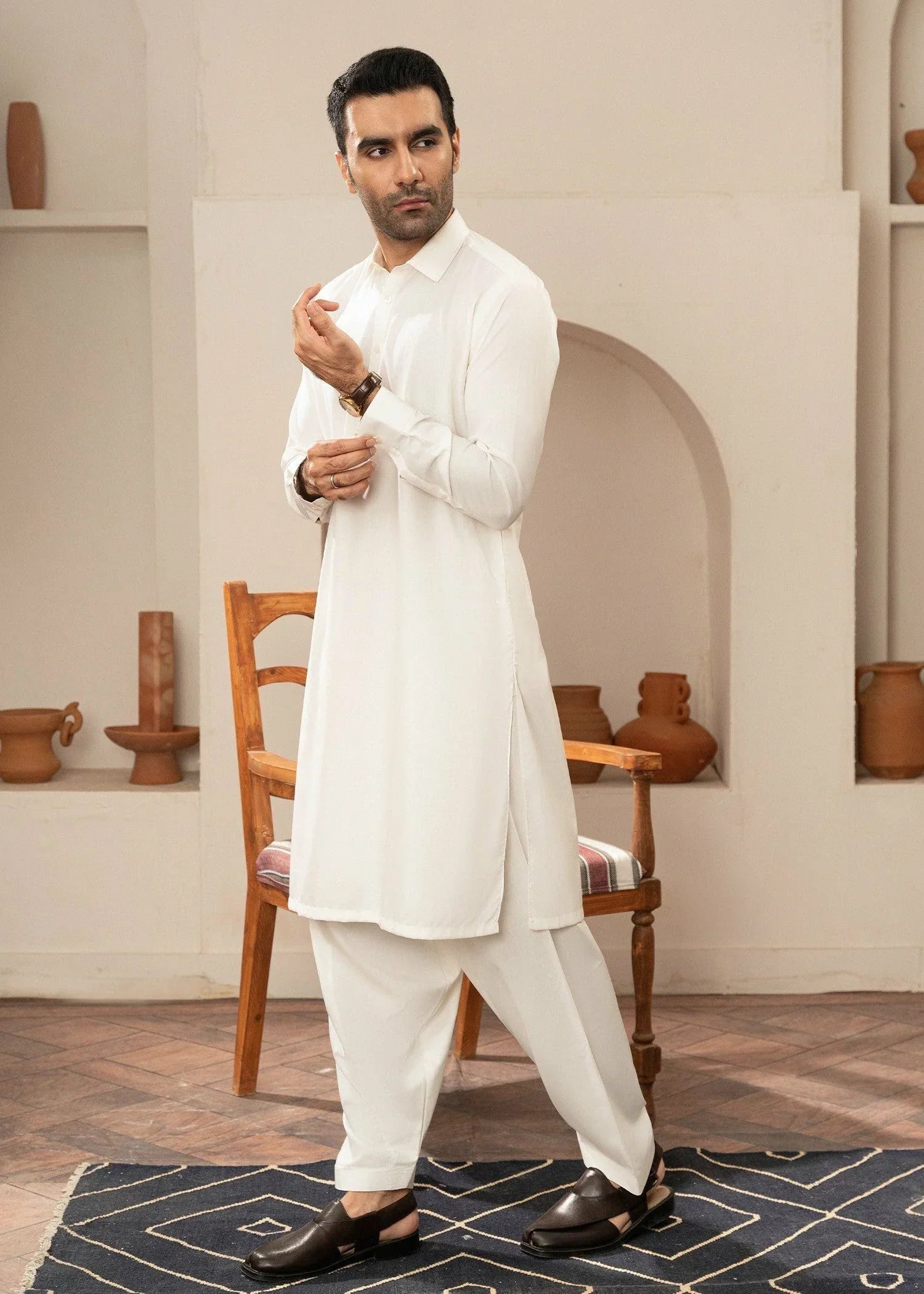 Picture of Wash & Wear | Off-White Collared Shalwar Kameez - Available at Raja Sahib
