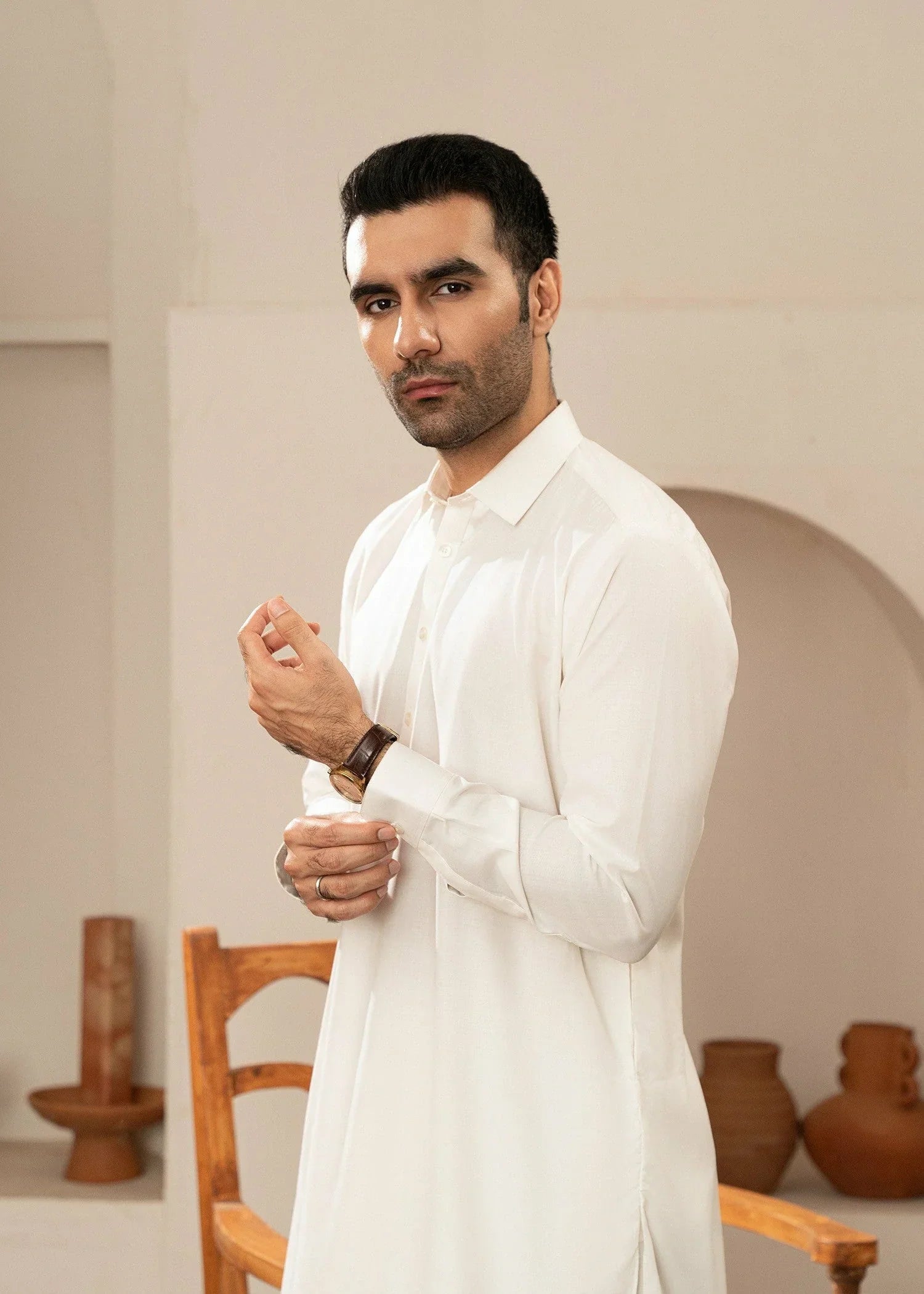 Picture of Wash & Wear | Off-White Collared Shalwar Kameez - Available at Raja Sahib
