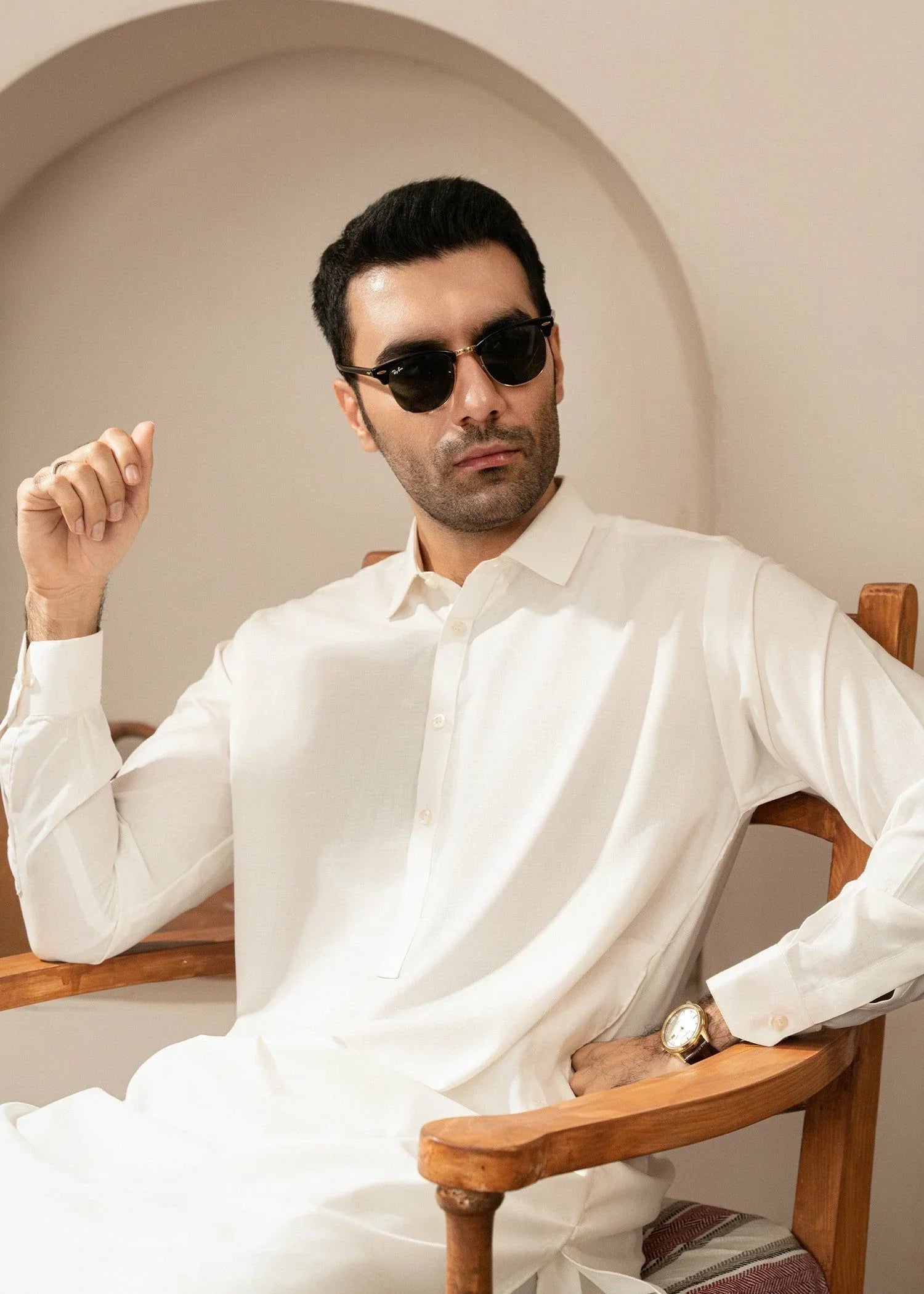Picture of Wash & Wear | Off-White Collared Shalwar Kameez - Available at Raja Sahib