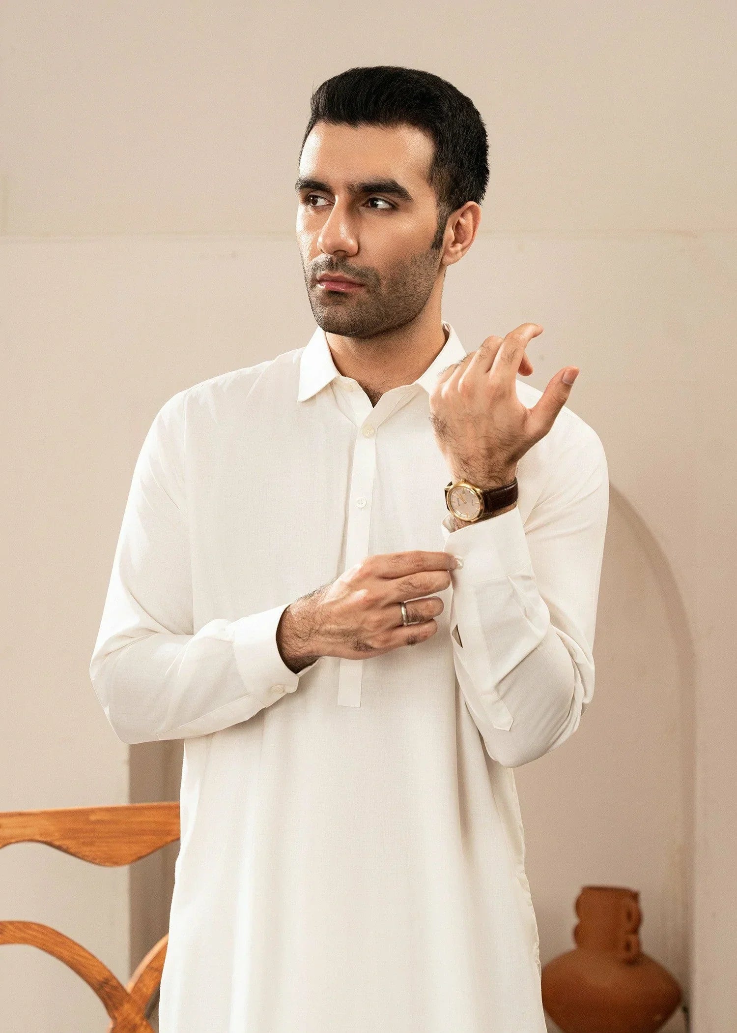 Picture of Wash & Wear | Off-White Collared Shalwar Kameez - Available at Raja Sahib