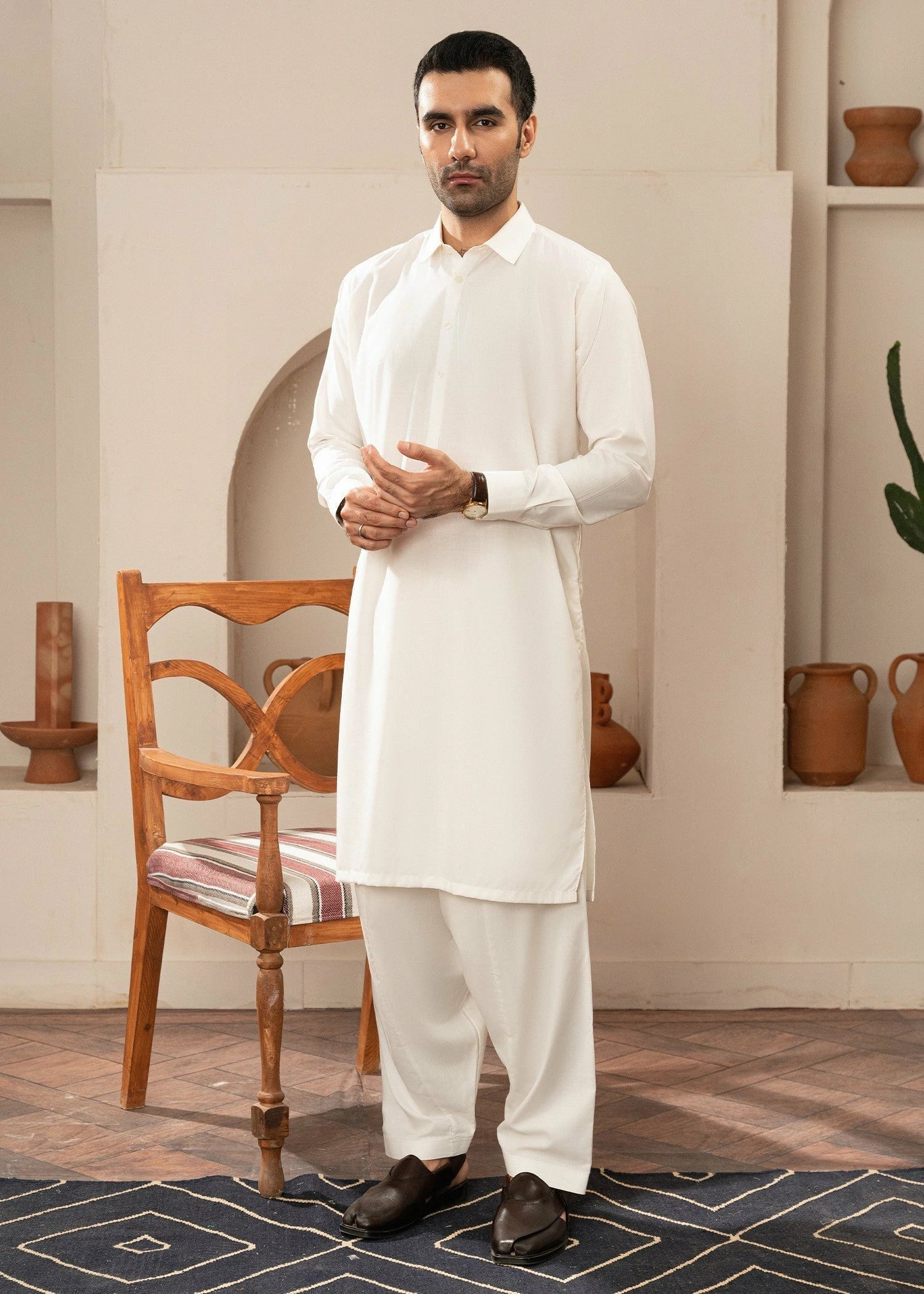 Picture of Wash & Wear | Off-White Collared Shalwar Kameez - Available at Raja Sahib