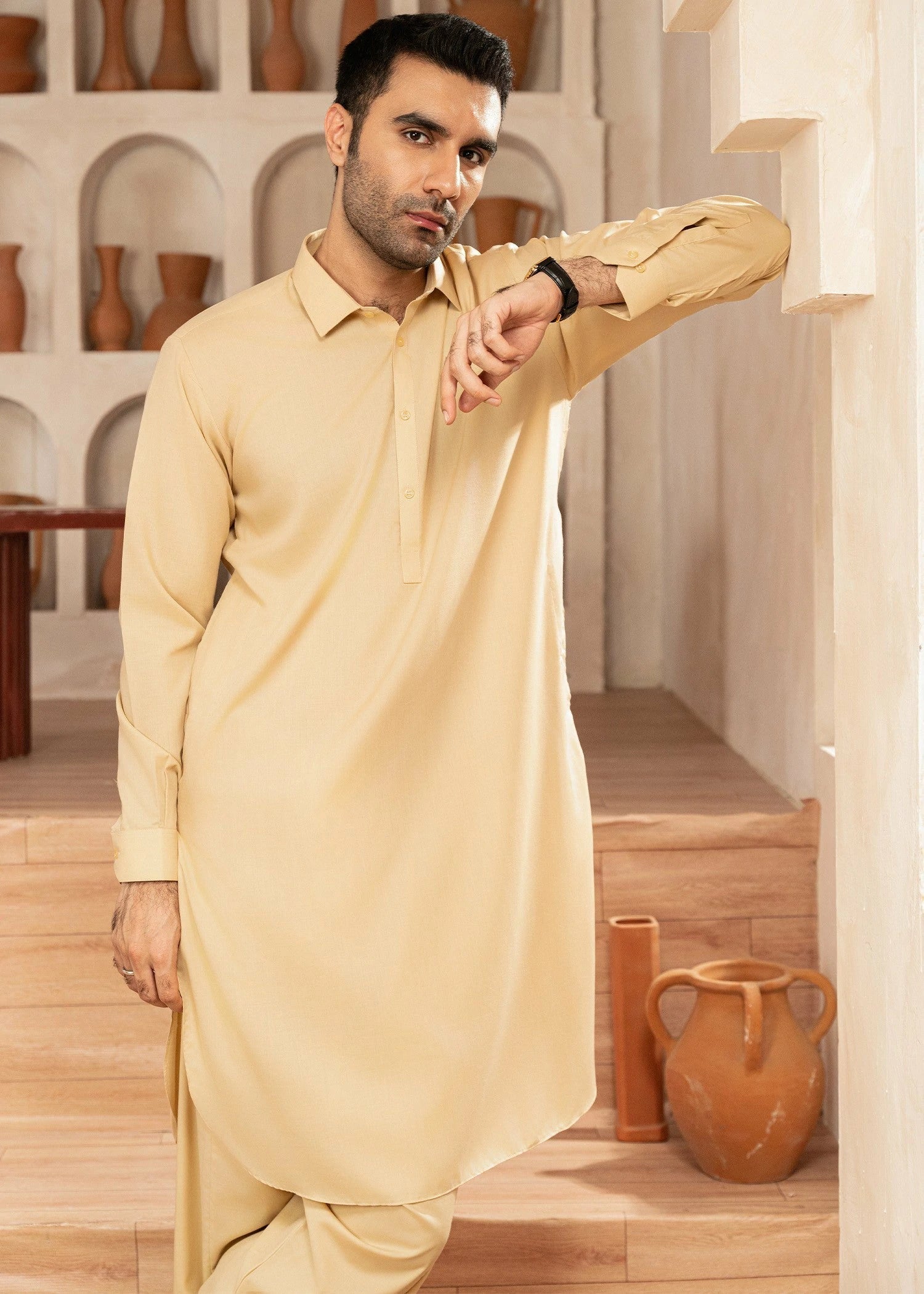 Picture of Wash & Wear | Skin Collared Shalwar Kameez - Available at Raja Sahib