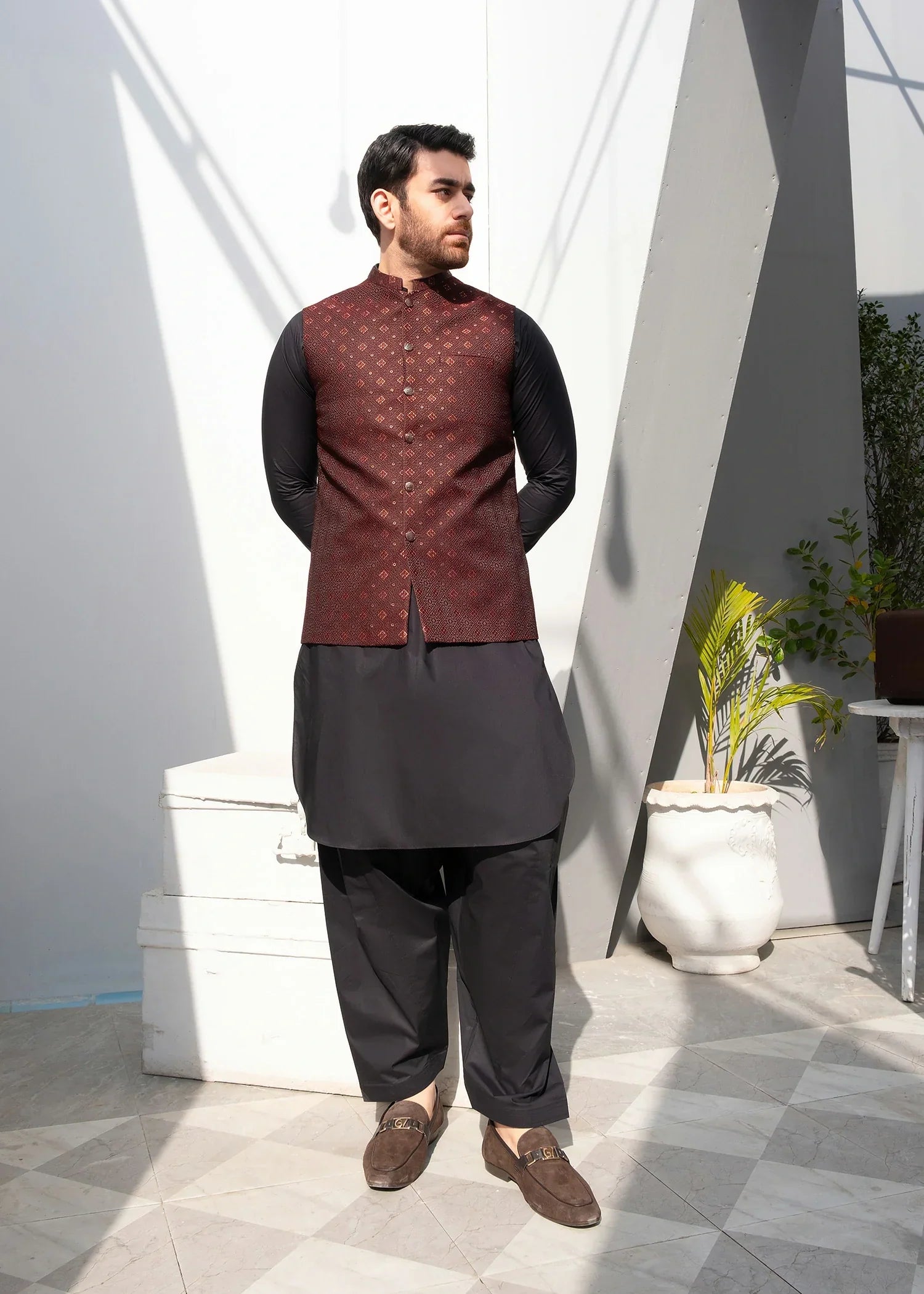 Picture of Platinum Maroon | Waist Coat Ceremonial - Available at Raja Sahib