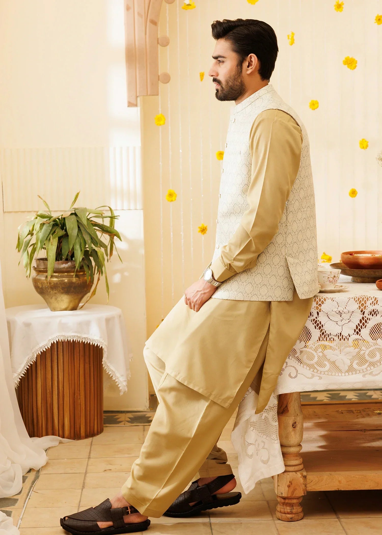 Picture of Platinum Off White | Waist Coat Ceremonial - Available at Raja Sahib