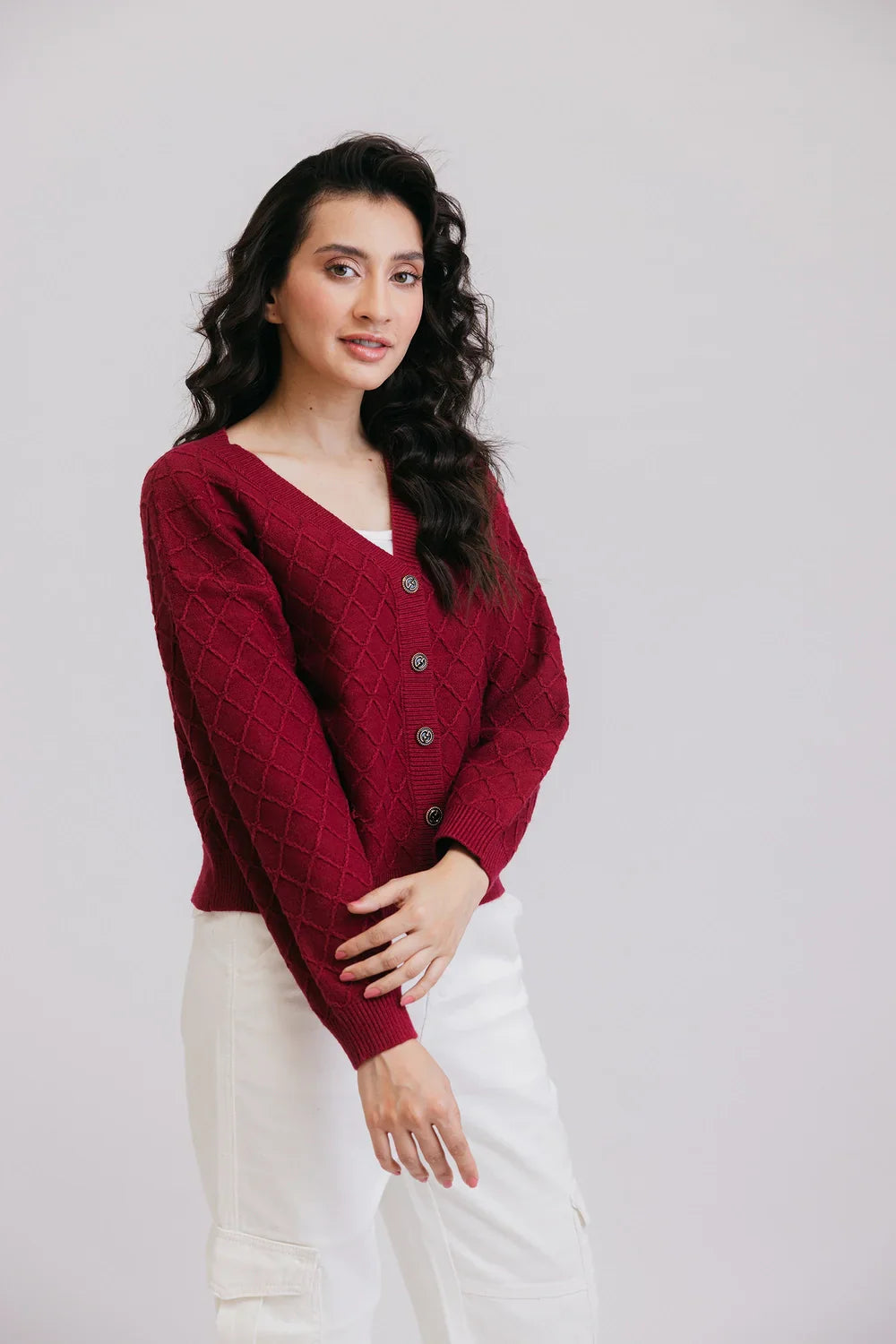 Picture of Ellena - Full Sleeves V-Neck Cardigan Sweater - Available at Raja Sahib