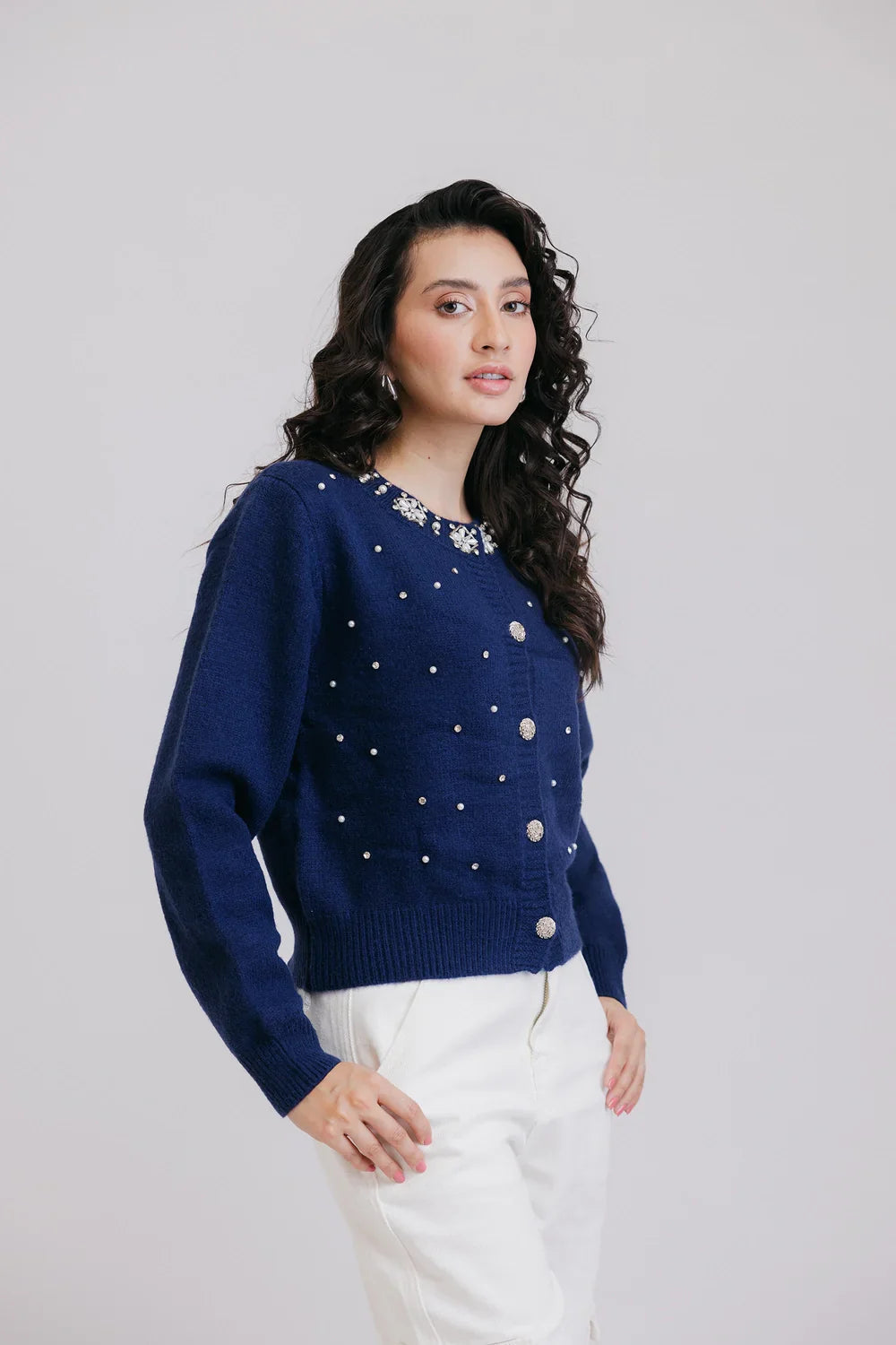 Picture of Ellena - Full Sleeves Round Neck Cardigan Sweater - Available at Raja Sahib