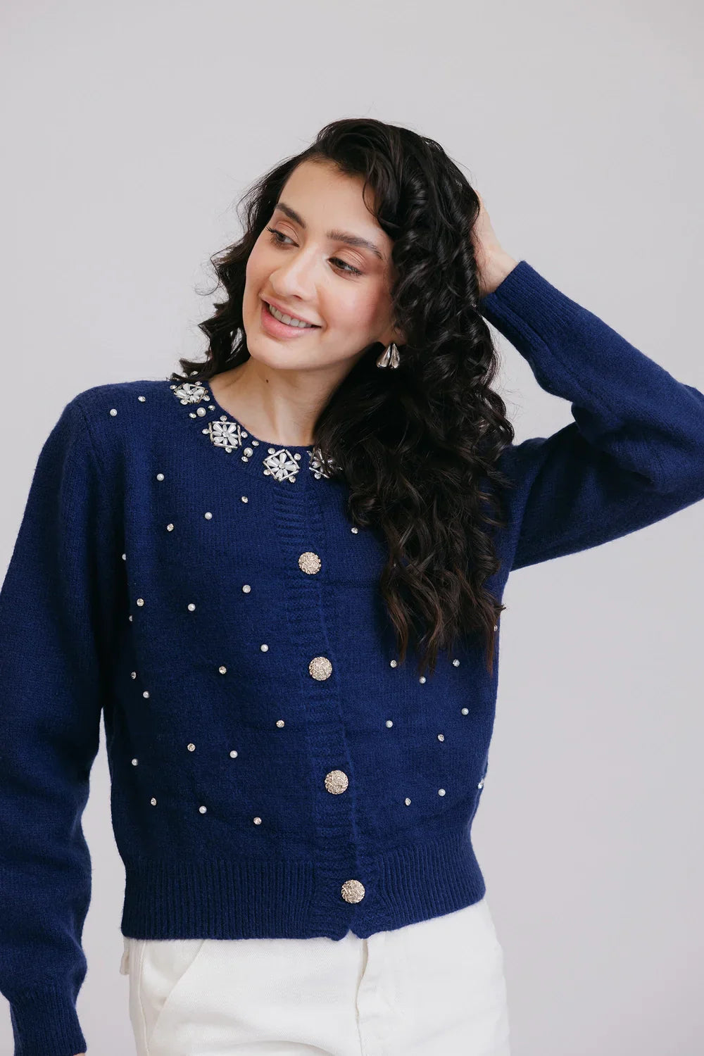 Picture of Ellena - Full Sleeves Round Neck Cardigan Sweater - Available at Raja Sahib