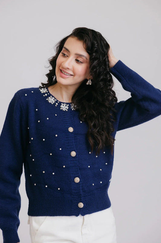 Picture of Ellena - Full Sleeves Round Neck Cardigan Sweater - Available at Raja Sahib