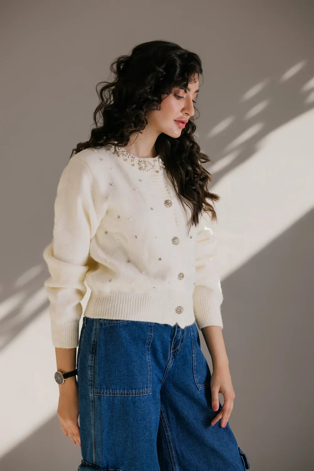 Picture of Ellena - Full Sleeves Round Neck Cardigan Sweater - Available at Raja Sahib