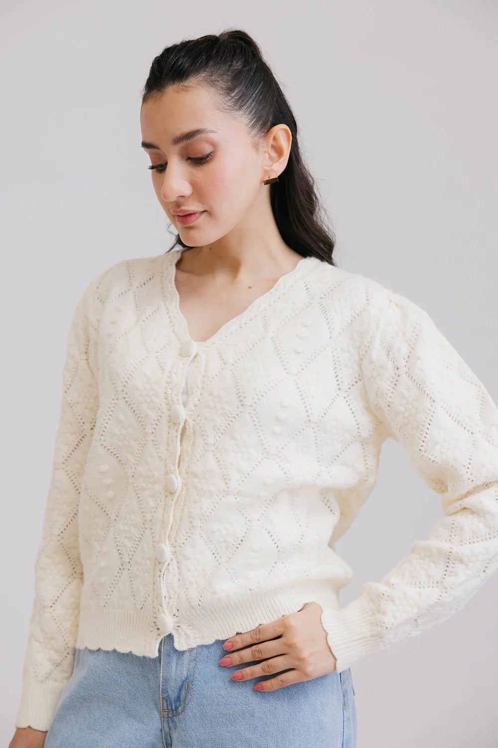 Picture of Ellena - Full Sleeves V-Neck Cardigan Sweater - Available at Raja Sahib