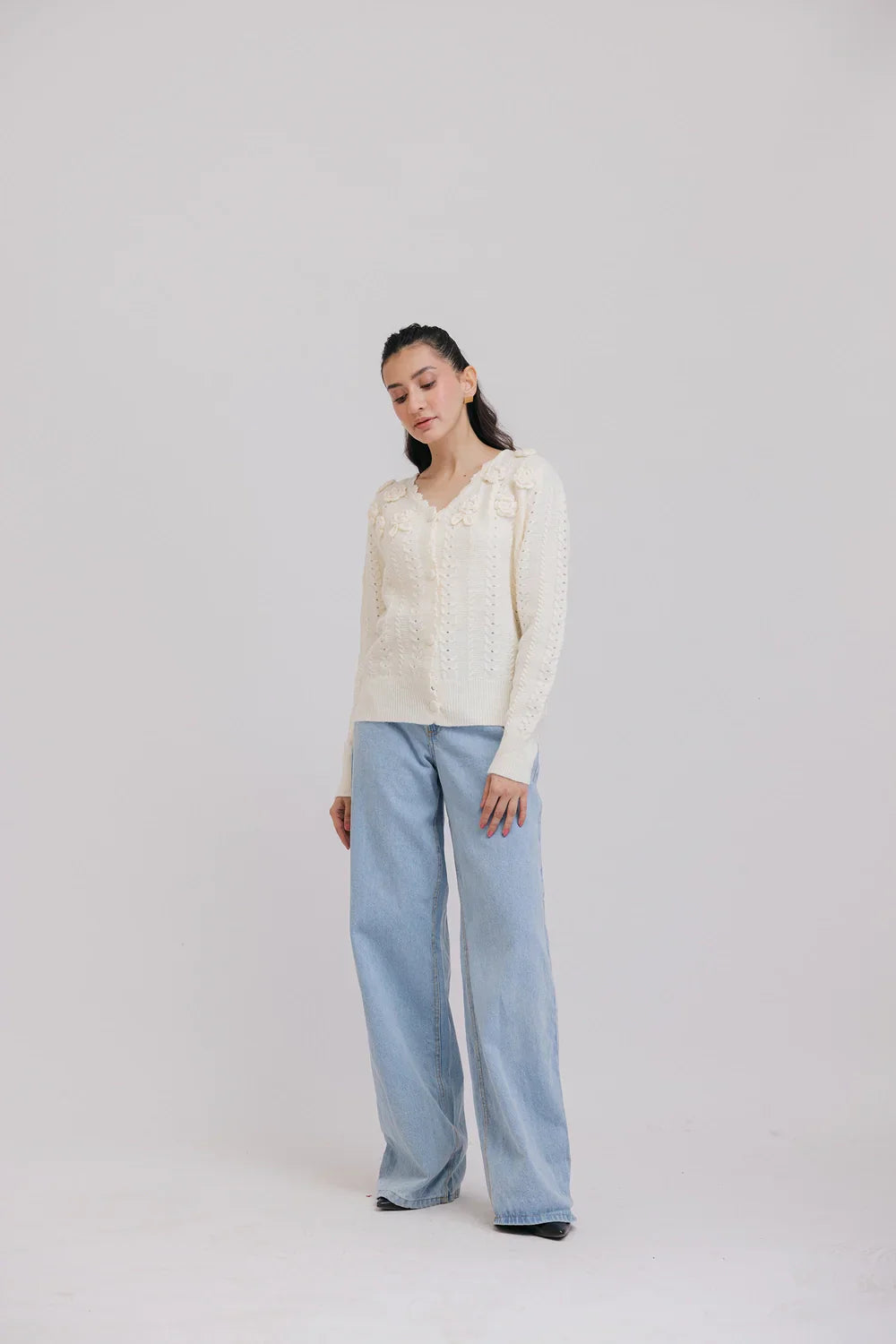 Picture of Ellena - Full Sleeves V-Neck Cardigan Sweater - Available at Raja Sahib