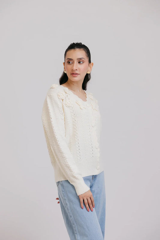 Picture of Ellena - Full Sleeves V-Neck Cardigan Sweater - Available at Raja Sahib