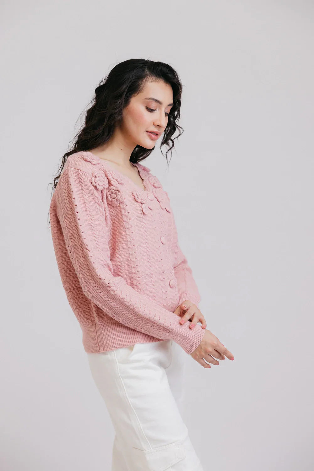 Picture of Ellena - Full Sleeves V-Neck Cardigan Sweater - Available at Raja Sahib