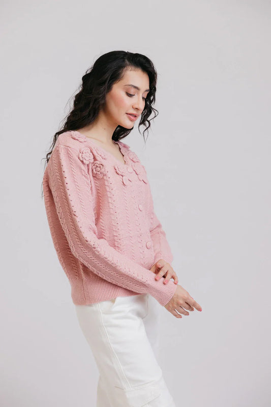 Picture of Ellena - Full Sleeves V-Neck Cardigan Sweater - Available at Raja Sahib