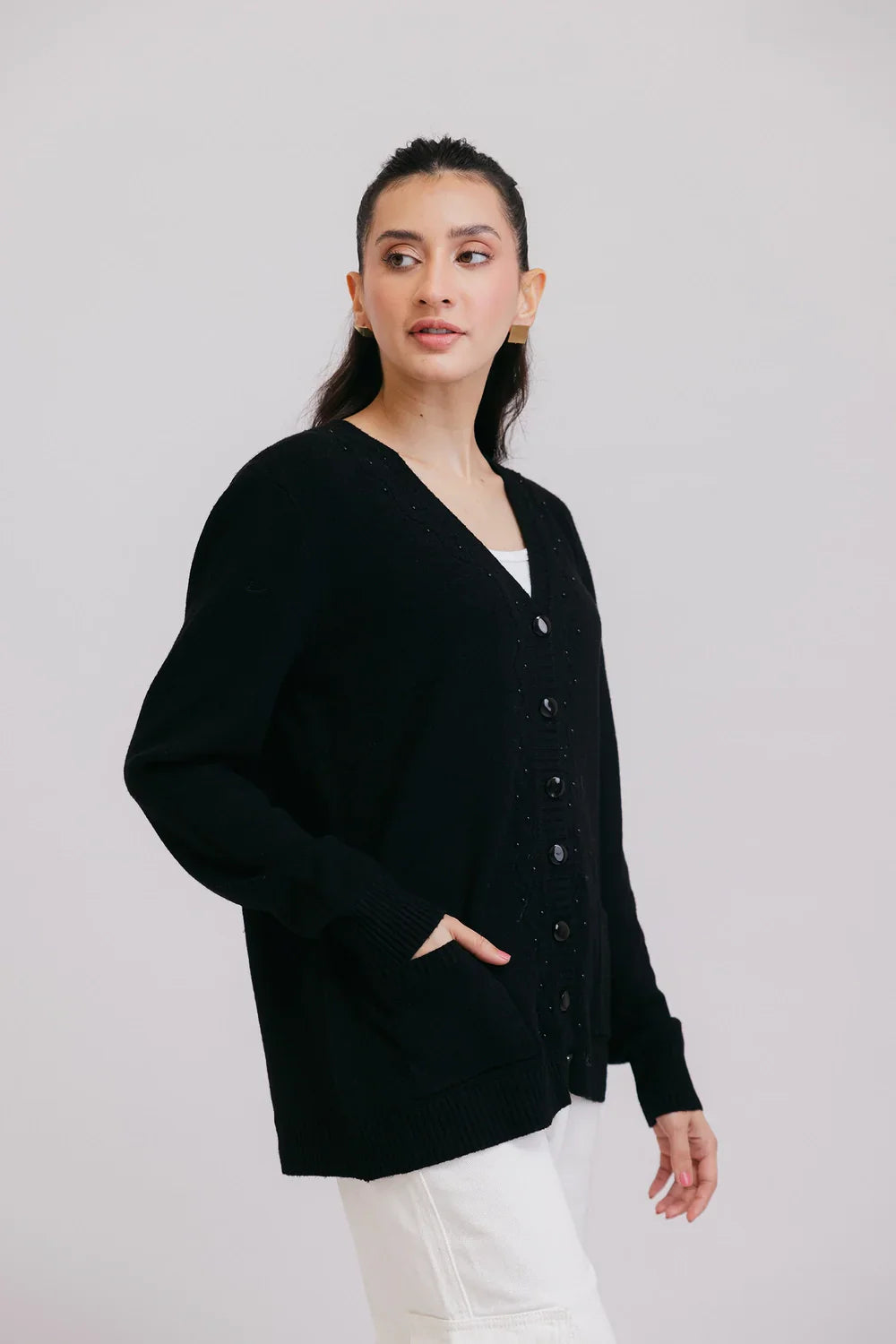 Picture of Ellena - Full Sleeves V-Neck Cardigan Sweater - Available at Raja Sahib