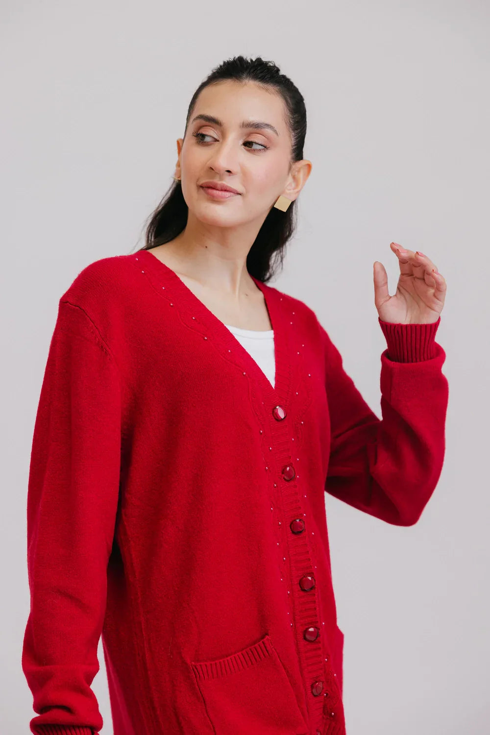 Picture of Ellena - Full Sleeves V-Neck Cardigan Sweater - Available at Raja Sahib