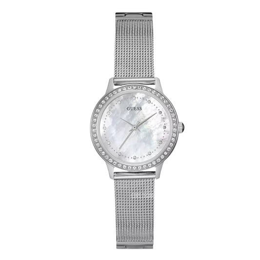 Guess Chelsea Silver Mesh Bracelet Mother of pearl Dial Quartz Watch for Ladies - W0647L1