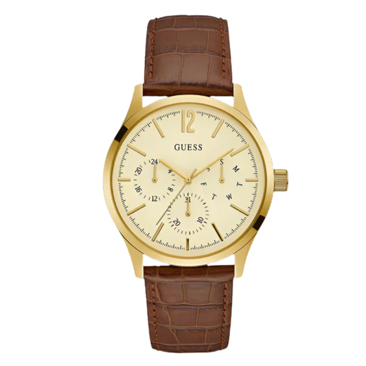 Guess Regent Brown Leather Strap White Dial Quartz Watch for Gents - W1041G2