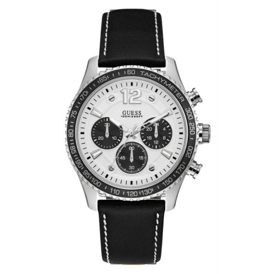 Guess Fleet Black Leather Strap White Dial Chronograph Quartz Watch for Gents - W0970G4