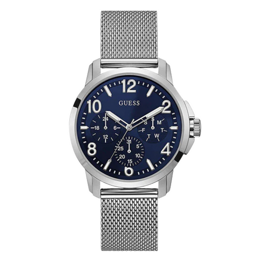 Guess Voyage Silver Mesh Bracelet Blue Dial Quartz Watch for Gents - W1040G1