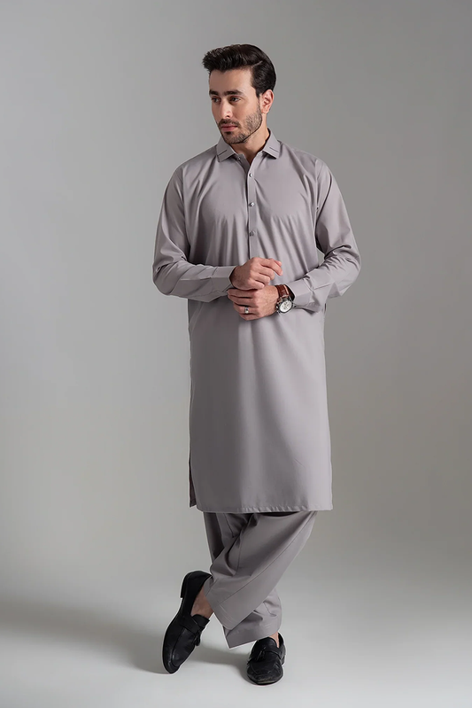 Picture of Wash & Wear | Light Grey Collared Shalwar Kameez - Available at Raja Sahib