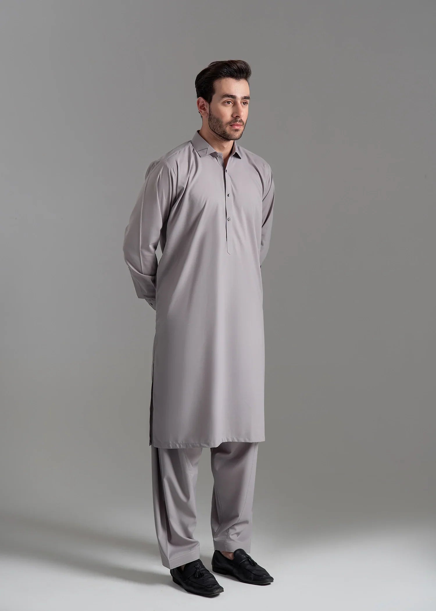Picture of Wash & Wear | Light Grey Collared Shalwar Kameez - Available at Raja Sahib
