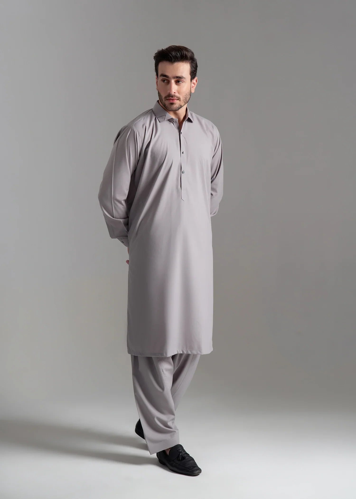 Picture of Wash & Wear | Light Grey Collared Shalwar Kameez - Available at Raja Sahib