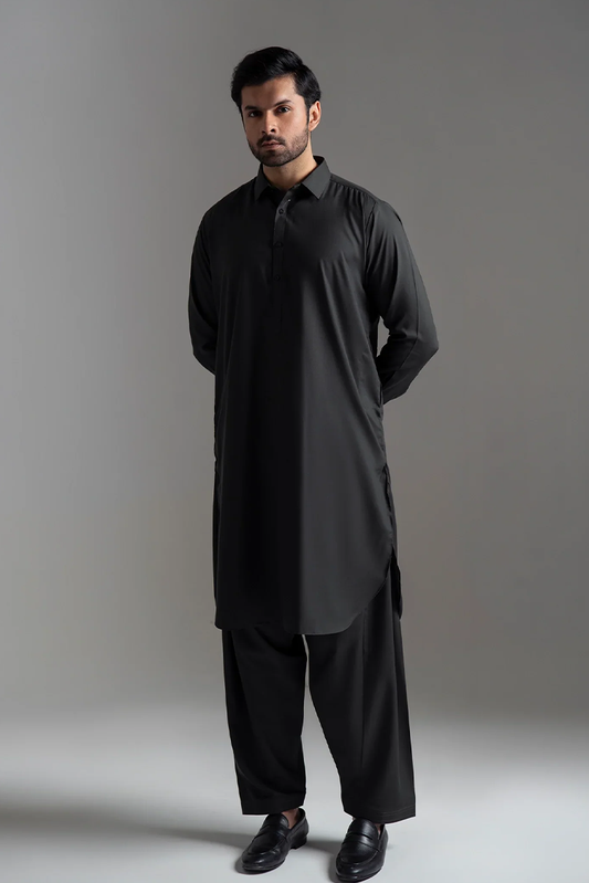 Picture of Wash & Wear | Dark Green Collared Shalwar Kameez - Available at Raja Sahib