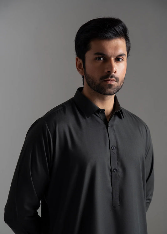 Picture of Wash & Wear | Dark Green Collared Shalwar Kameez - Available at Raja Sahib