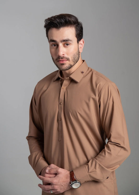 Picture of Wash & Wear | Brown Collared Shalwar Kameez - Available at Raja Sahib