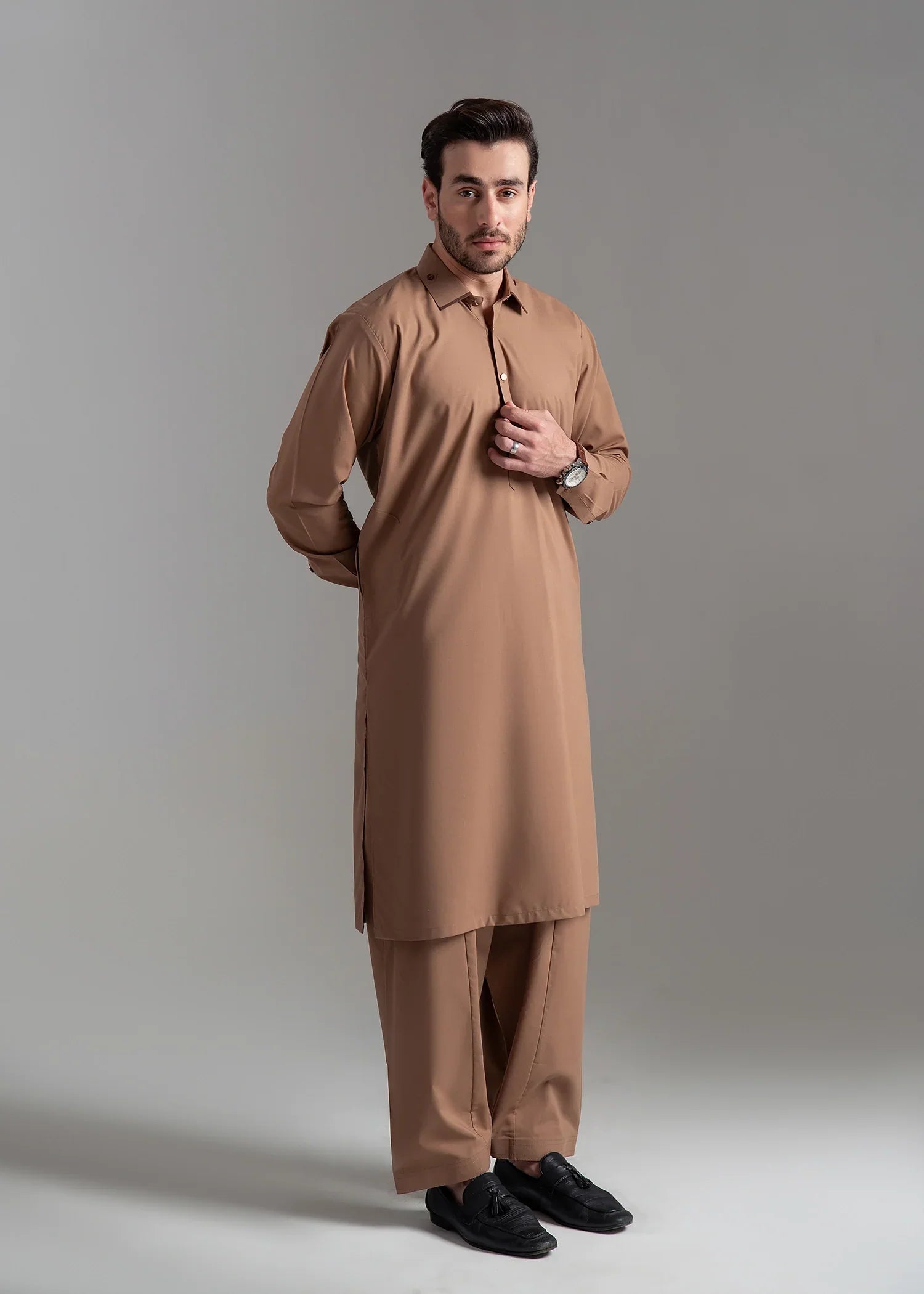Picture of Wash & Wear | Brown Collared Shalwar Kameez - Available at Raja Sahib