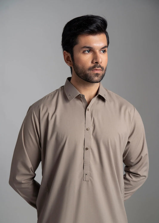 Picture of Wash & Wear | Beige Collared Shalwar Kameez - Available at Raja Sahib