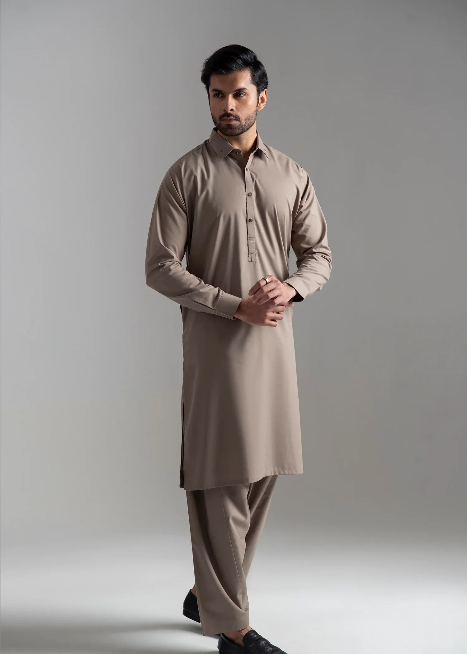 Picture of Wash & Wear | Beige Collared Shalwar Kameez - Available at Raja Sahib