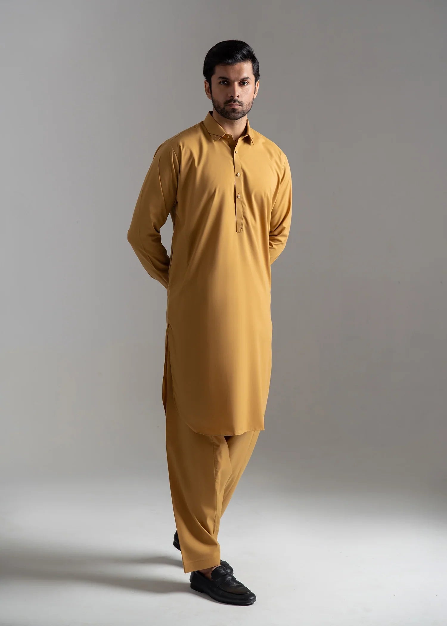 Picture of Wash & Wear | Goldenrod Collared Shalwar Kameez - Available at Raja Sahib
