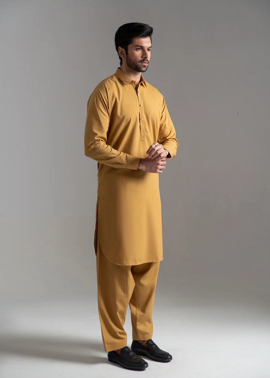 Picture of Wash & Wear | Goldenrod Collared Shalwar Kameez - Available at Raja Sahib